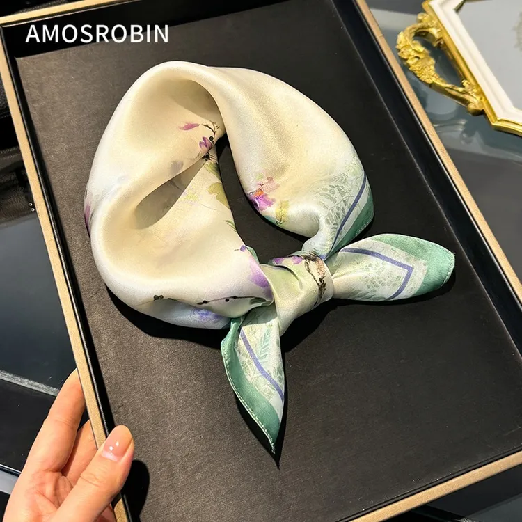 AMOS ROBIN超美米紫神秘东方美桑蚕丝小方巾女百搭紫色真丝小领巾
