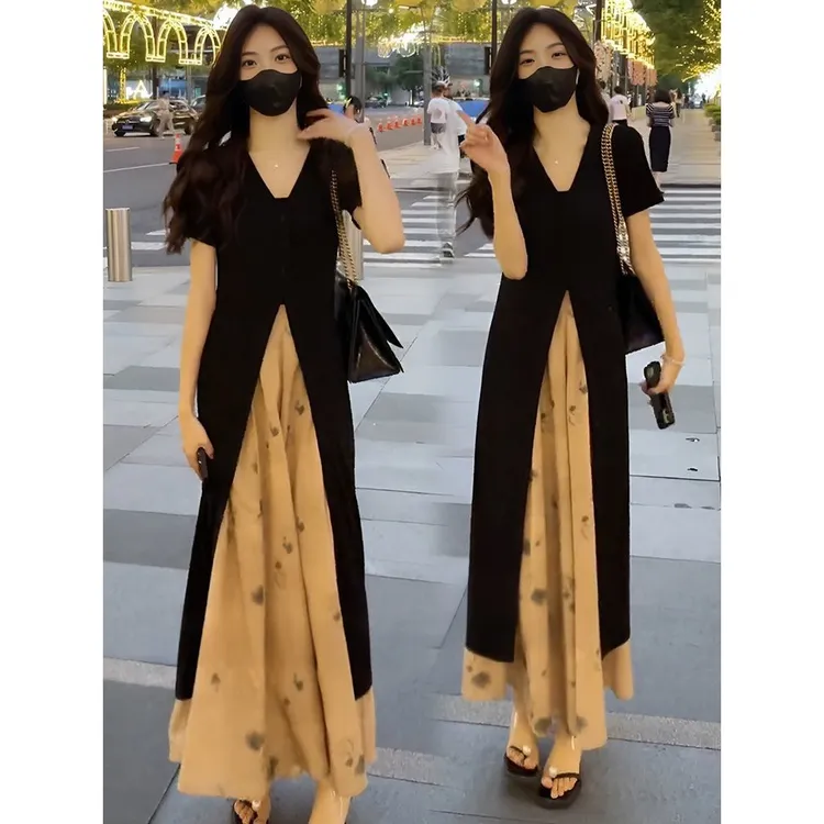 2025夏季新款水墨国风碎花裙裤显瘦开叉开衫长款上衣时尚感两件套