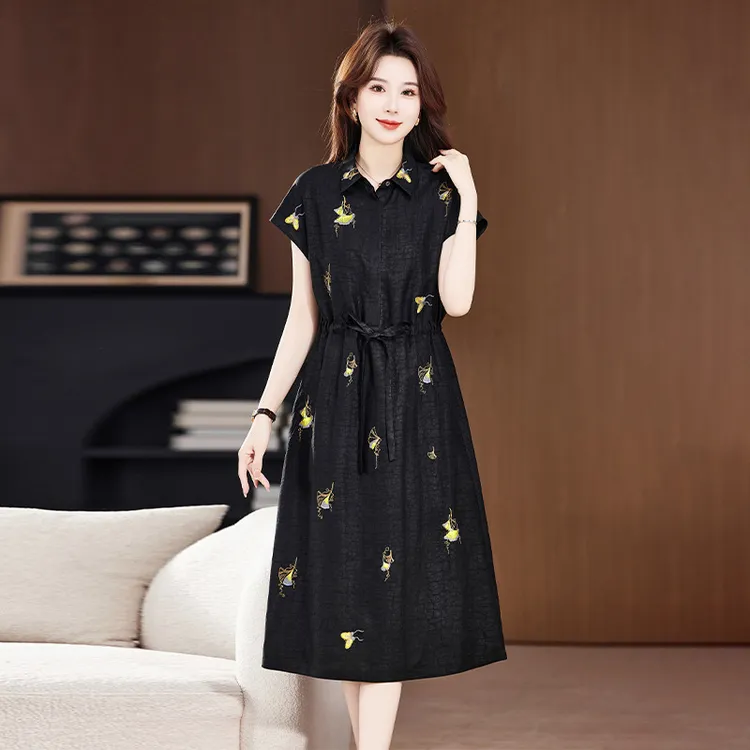 仿桑蚕丝连衣裙中长款翻领仿香云纱绣花女裙子2025夏新优雅气质仿