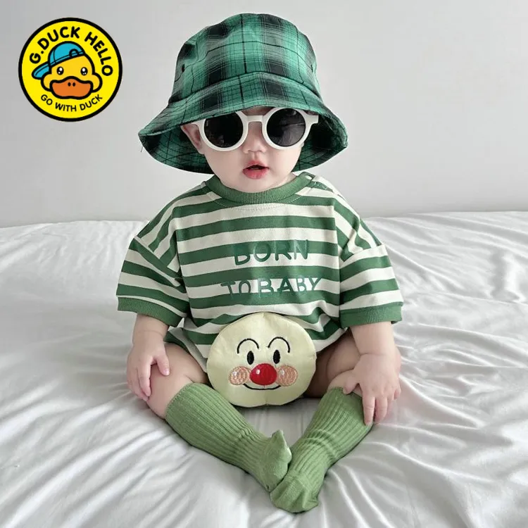 小黄鸭夏季新款婴幼儿条纹男女宝宝卡通立体笑脸贴连体衣短袖棉质
