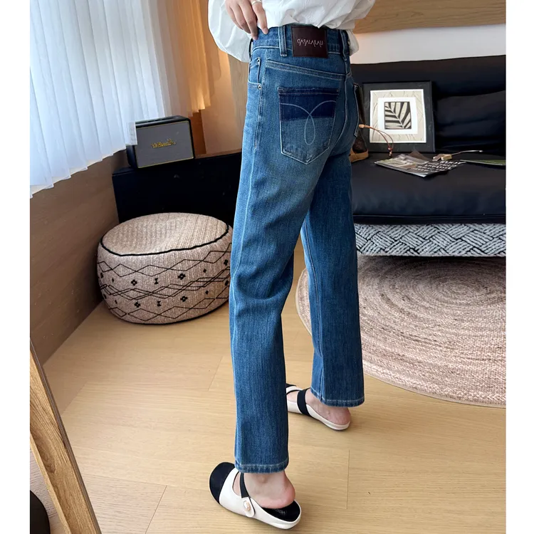 百搭蓝色九分直筒牛仔裤早秋新款梨形身材高腰显瘦窄版弹力烟管裤