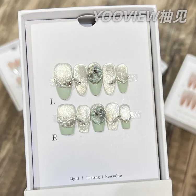 高级感穿戴甲 【冰糖绿】夏日短甲清爽薄荷感猫眼法式美甲设计