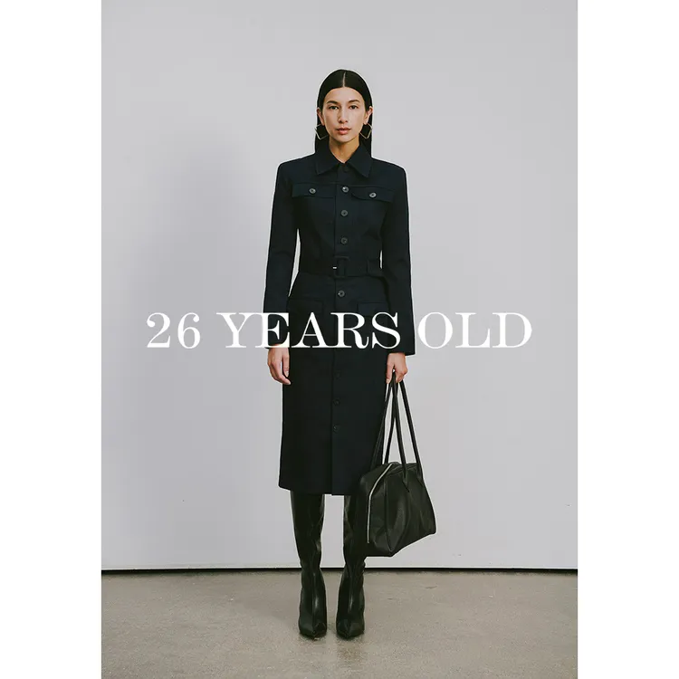 26YEARSOLD原创设计秋新款工装风极简单排扣经典修身连衣裙3654