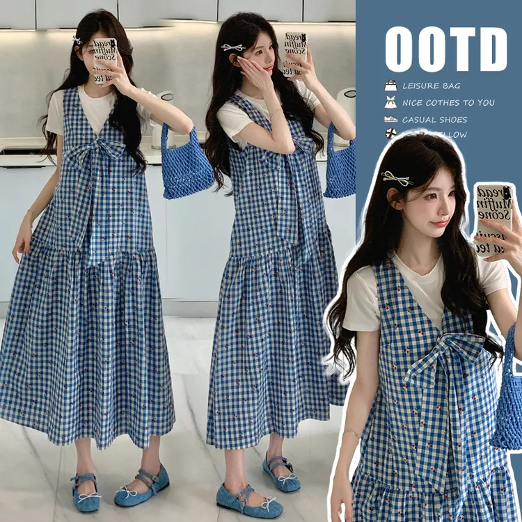 孕妇装连衣裙2025新款夏季高级感重工刺绣格子裙套装潮妈孕期穿搭