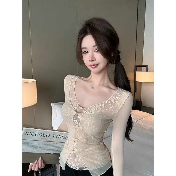 蕾丝衫打底衫新款长袖T恤内搭高级感纯欲上衣搭显瘦短款半裙套装 