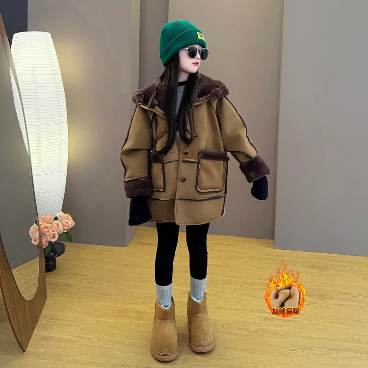 女童2025新品秋冬季时尚韩版穿搭加绒一体绒风衣外套打底裤套装潮