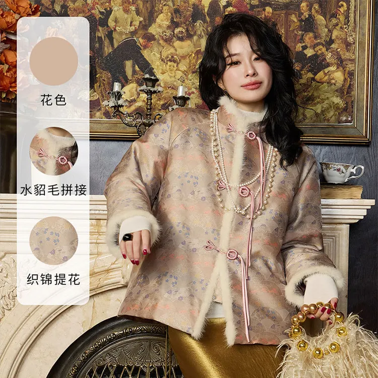 2024秋冬新款棉衣中式国风宋锦棉服水貂毛手工盘扣开衫外套棉袄女