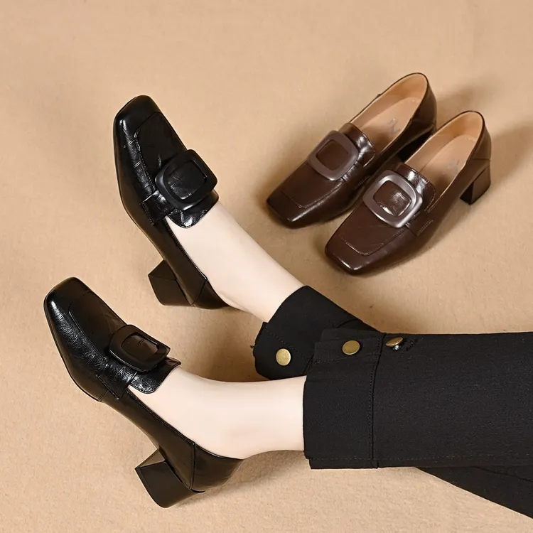 法式气质复古乐福小皮鞋英伦风粗跟低跟一脚蹬舒适深口方扣单鞋女