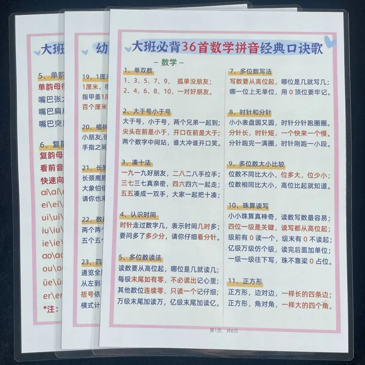 幼儿园大班必背36首数字拼音口诀歌提前预习知识汇总学习认知卡片