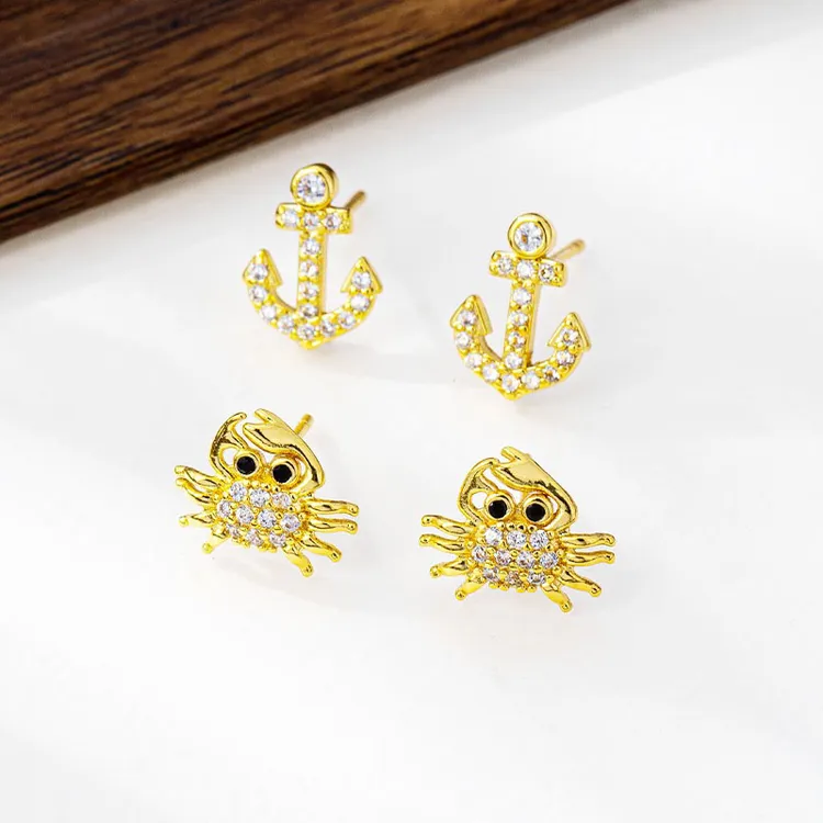 纯铜耳饰 新款越南简约船锚耳钉女轻奢风镶钻螃蟹耳饰久不掉色