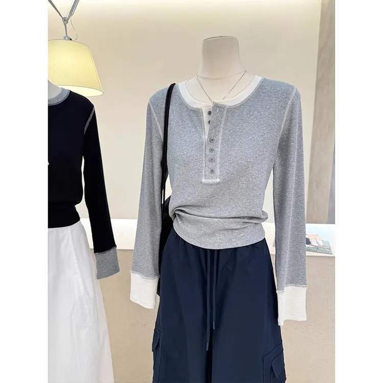 大码300斤韩系时尚设计感小众假两件拼接明线长袖修身打底针织衫