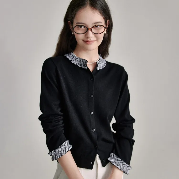 针织开衫女2025秋季新款简约时尚减龄好看格纹拼接设计感上衣春秋