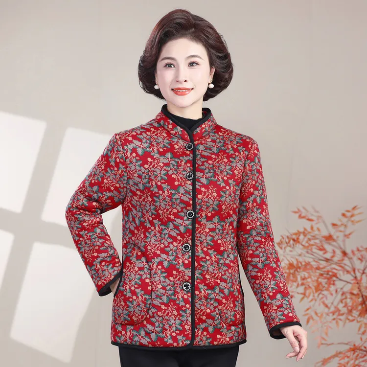 妈妈秋冬季小棉衣新款时尚保暖加绒棉服中老年女装老太太碎花棉袄
