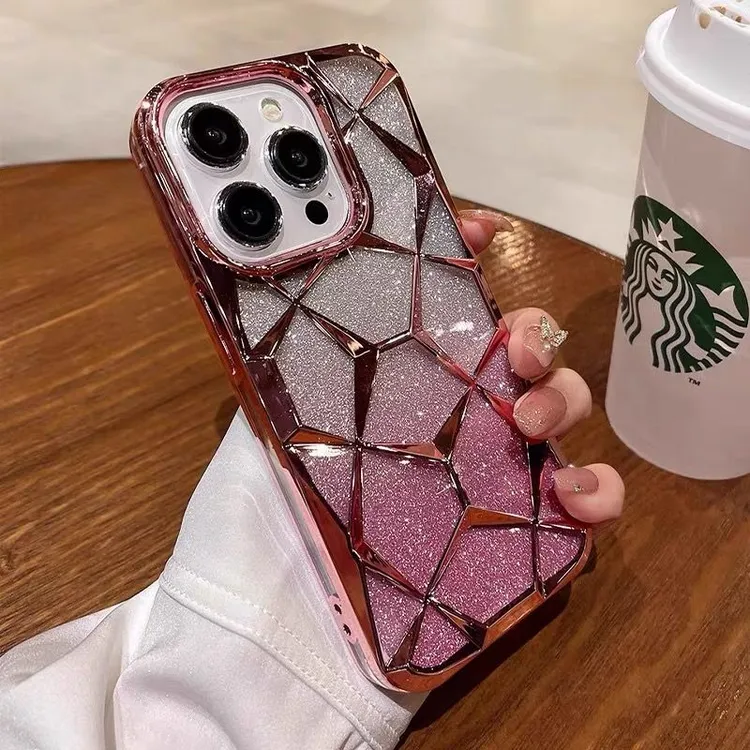 闪粉菱格苹果15promax手机壳iPhone16电镀全包14pro硅胶13/12适用