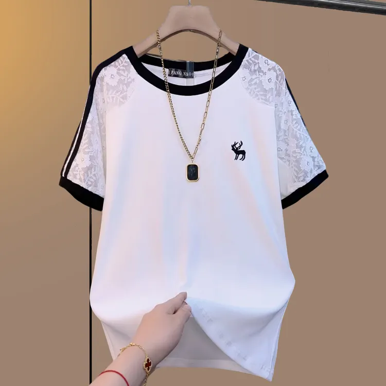 大码女装胖妹妹夏季蕾丝百搭设计感短袖