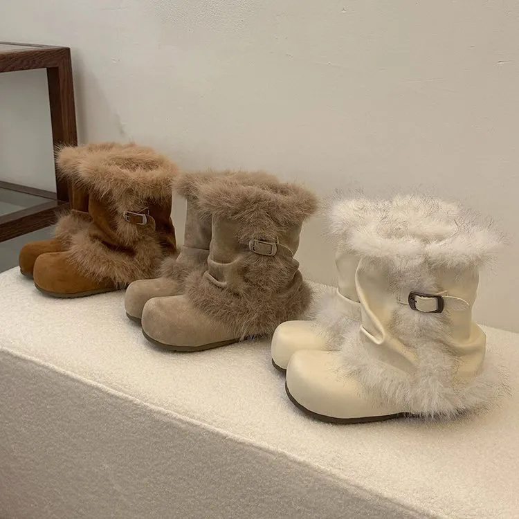 复古毛毛靴加绒加厚雪地靴2025冬季新款马丁靴皮带扣保暖休闲短靴