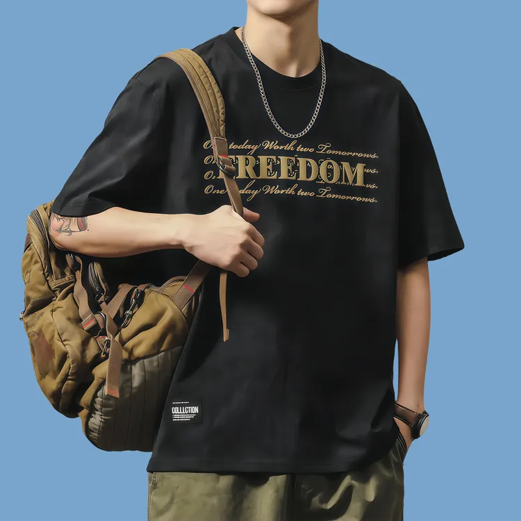 驭瑛复古男士短袖t恤夏季潮流二本针ins圆领纯棉半袖字母印花上衣