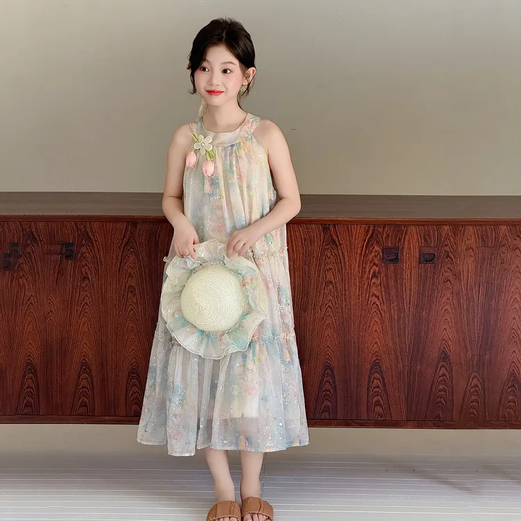 女童连衣裙夏季2025新款洋气挂脖儿童女孩中大童碎花裙高级感裙子