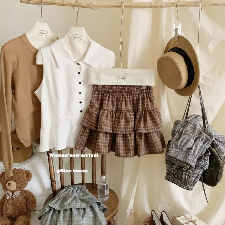 复古格纹荷叶边蛋糕裙女夏高腰韩日防走光减龄A字短裙遮胯半身裙