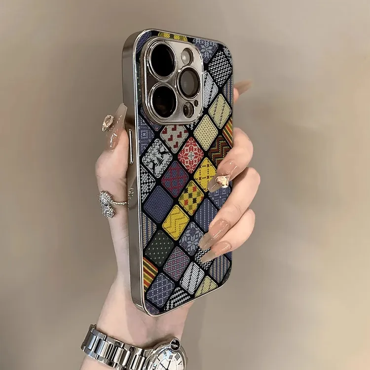 复古格子适用苹果16promax手机壳高级感iphone15promax电镀保护壳