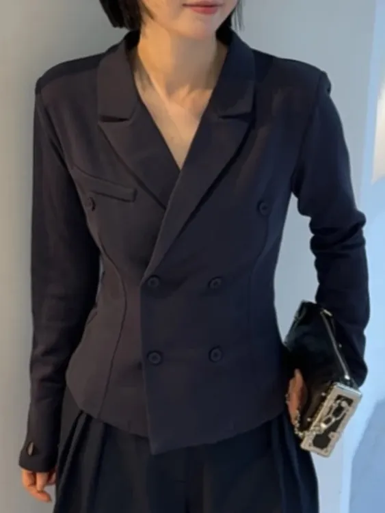 修身长袖秋季蚂蚁腰女士西装设计感双排扣戗驳领女2025时尚休闲
