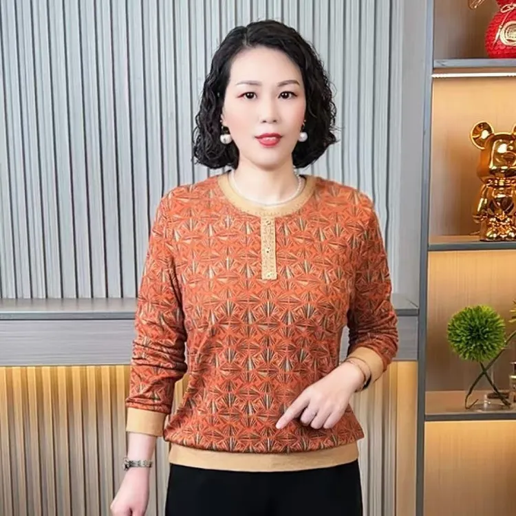妈妈秋装时尚圆领长袖上衣洋气显瘦中老年女装妈妈装气质百搭小衫