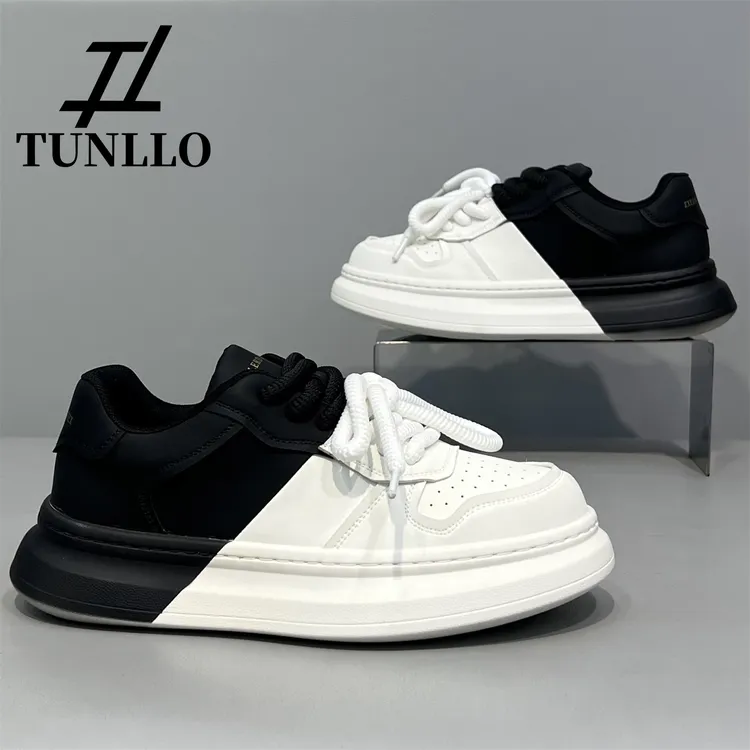 潮流拼色厚底增高鞋男秋冬新款透气皮面简约时尚百搭个性休闲板鞋