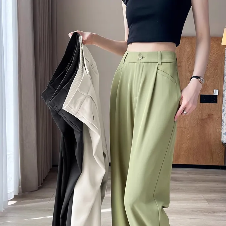 浅绿色冰丝西装裤女2025夏季薄款高腰休闲垂感显瘦直筒窄版阔腿裤
