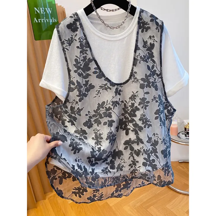 大码女装叠穿网纱马甲t恤两件套短袖上衣胖MM夏季遮肚子打底衫女