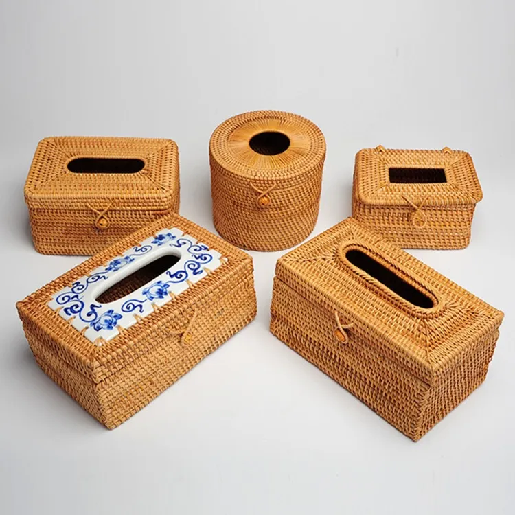 南秋藤编纸巾盒餐厅家用抽纸盒收纳盒编织纸巾筒田园民宿餐纸盒A