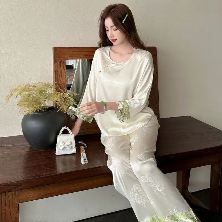 长袖冰丝睡衣家居服女高定夏季花边新中式国风套装仿真丝缎面提