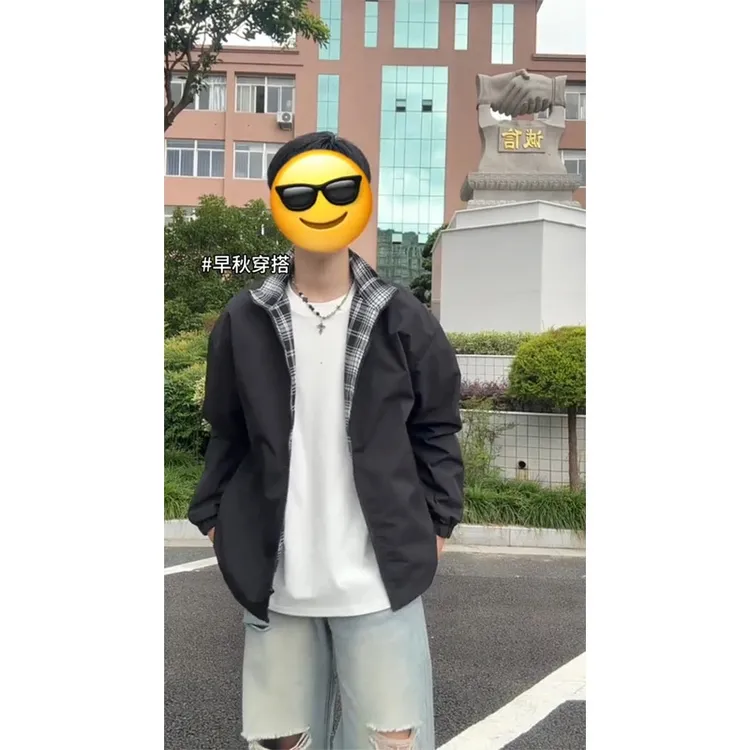 fitcheck格子拼接夹克男春秋复古设计感无帽上衣美式翻领情侣外套