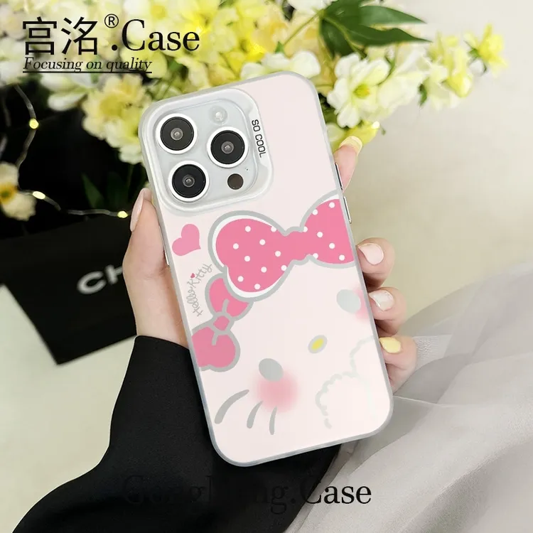 米白KT双蝴蝶结彩银壳适用于iPhone苹果16手机壳华为oppo小米手机