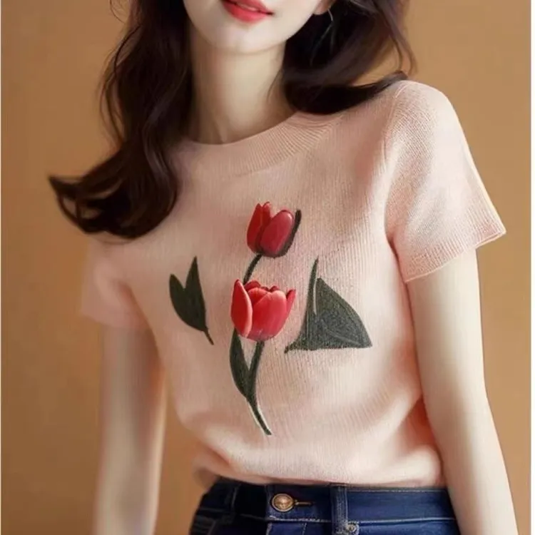 时尚百搭女装上衣2025新款修身短袖冰丝针织衫正肩粉