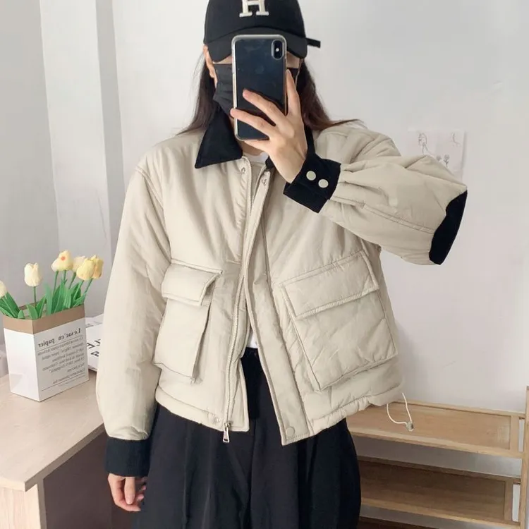 E复古时尚拼接棉服女25秋冬新款小个子宽松显瘦轻薄短款外套棉衣