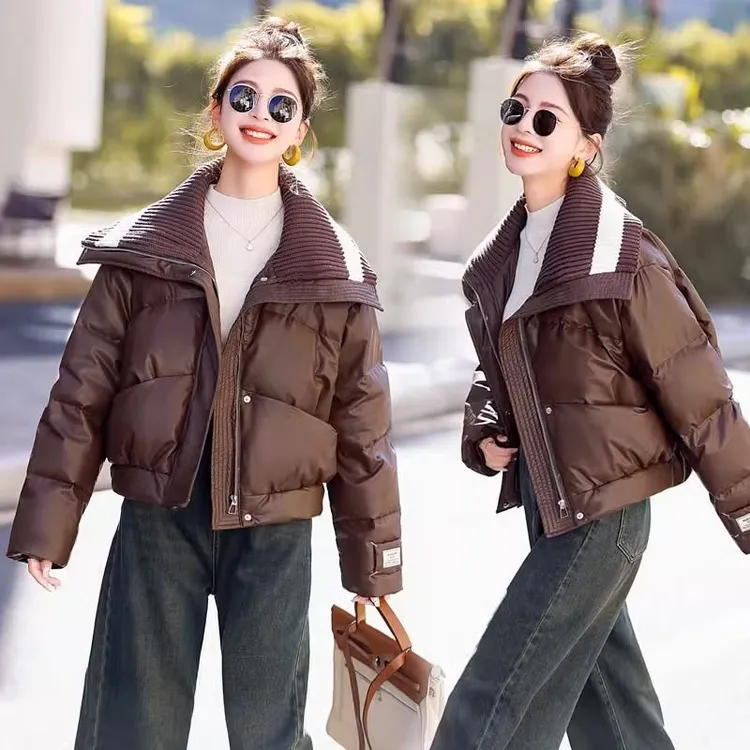 日本短款羽绒服女2025冬季新款时尚洋气针织大翻领小个子加厚pu皮