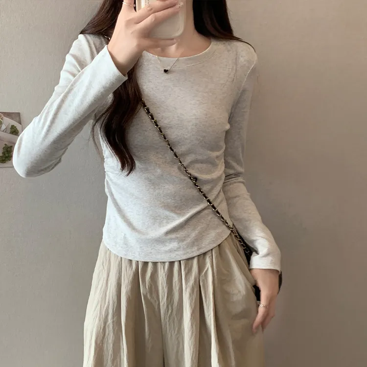 其他100%收腰褶皱打底衫女春秋冬紧身甜辣磨毛长袖t恤内搭短上衣