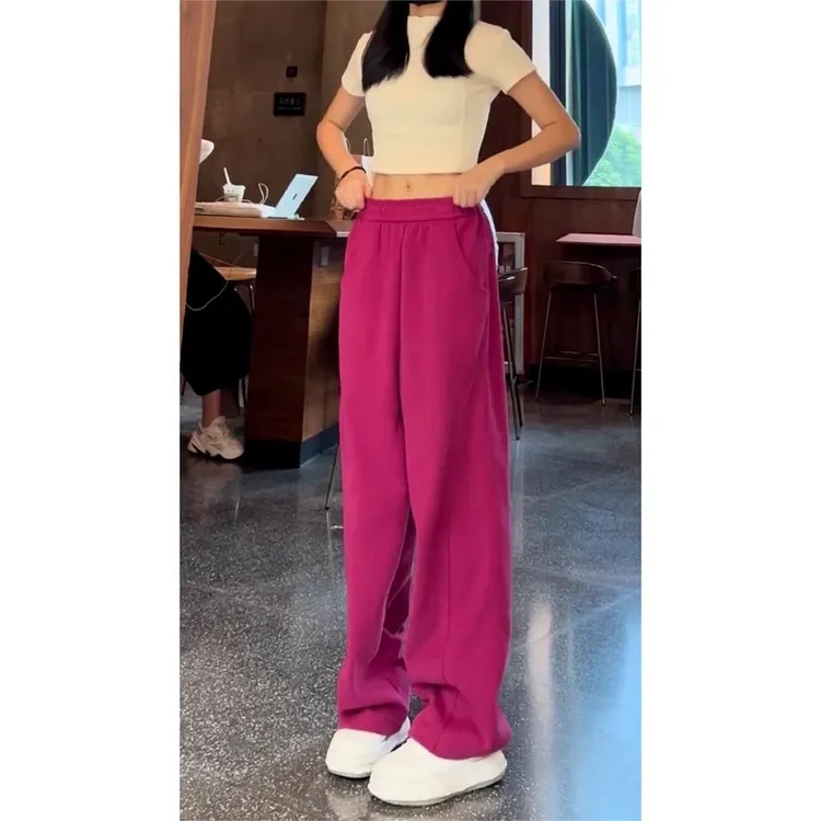 火龙果玫红色小个子直筒阔腿运动香蕉休闲加绒卫裤女春秋2025新款