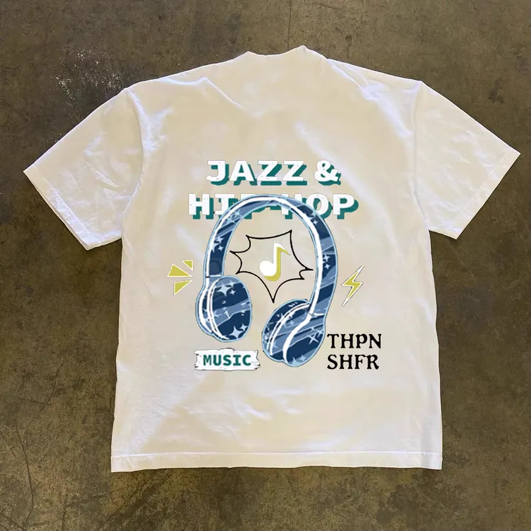 欧美式小众重磅230g纯棉耳机印花短袖T恤男款潮牌宽松上衣tee半袖