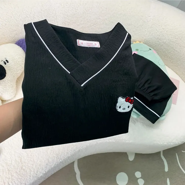 夏季云朵棉短袖短裤卡通KT猫睡衣女士云朵棉V领夏套头家居服套装