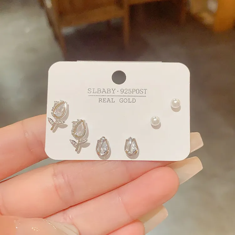铜合金亚克力耳饰 银针微镶锆石郁金香花瓣组合耳钉小众百搭耳环
