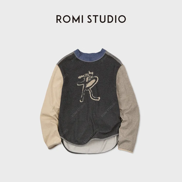 ROMI STUDIO"美式复古"色纺花纱撞色AB袖印花套头卫衣 RWCASY6510