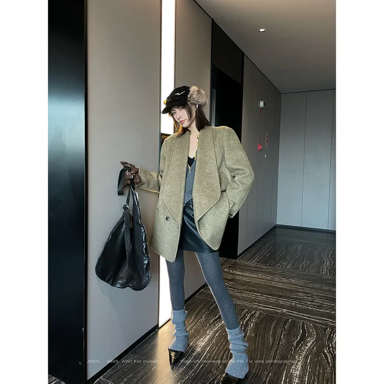 JCCC影子【盐茶】绿色绵羊毛极简老钱单面呢大衣JE5HMW10