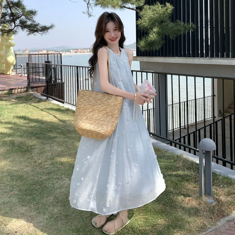 夏季连衣裙法式复古一字肩长裙方领显瘦中长款朋克风气质初恋宽松