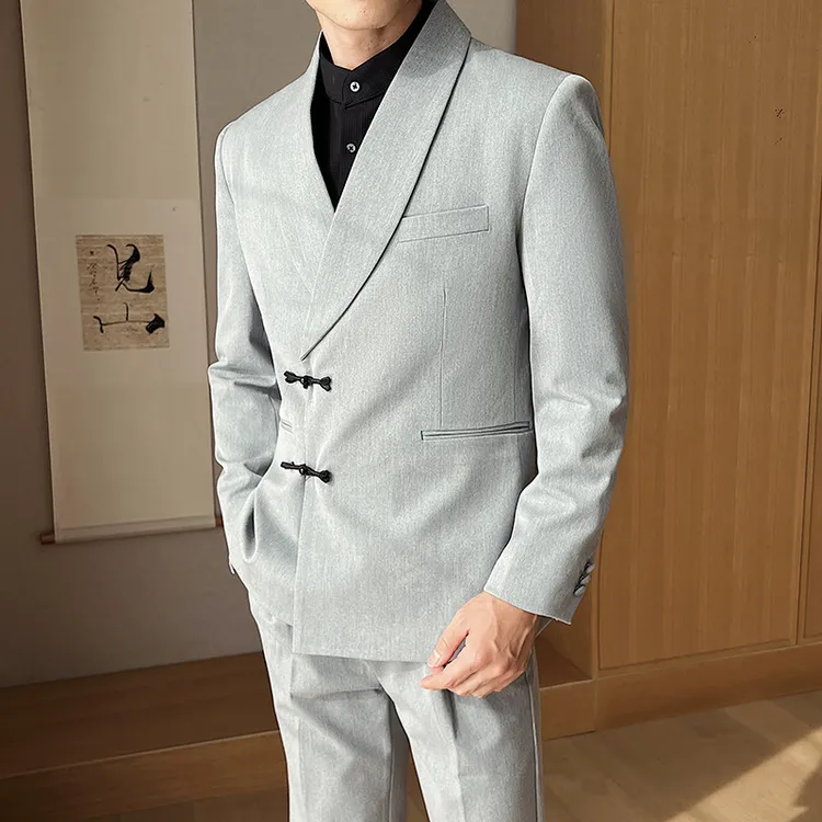 新款男士青果领西装两件套复古纯色修身新中式经典宴会小西服套装