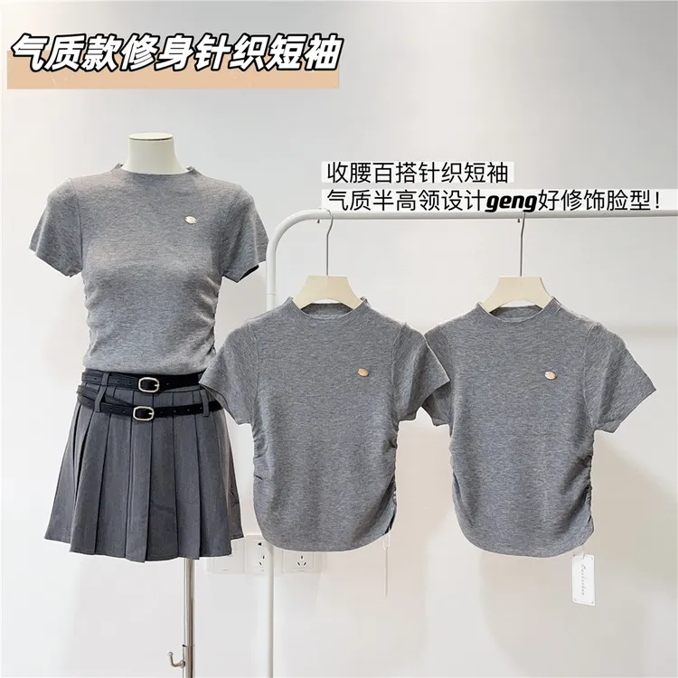 败家小谢studio 灰色短袖T恤女2023新款修身显瘦百搭打底衫上衣