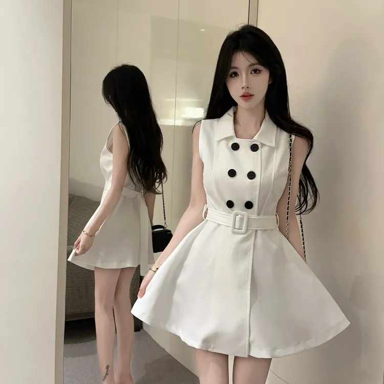 双排扣气质polo领无袖连衣裙女夏季修身白色裙子御姐收腰a字短裙