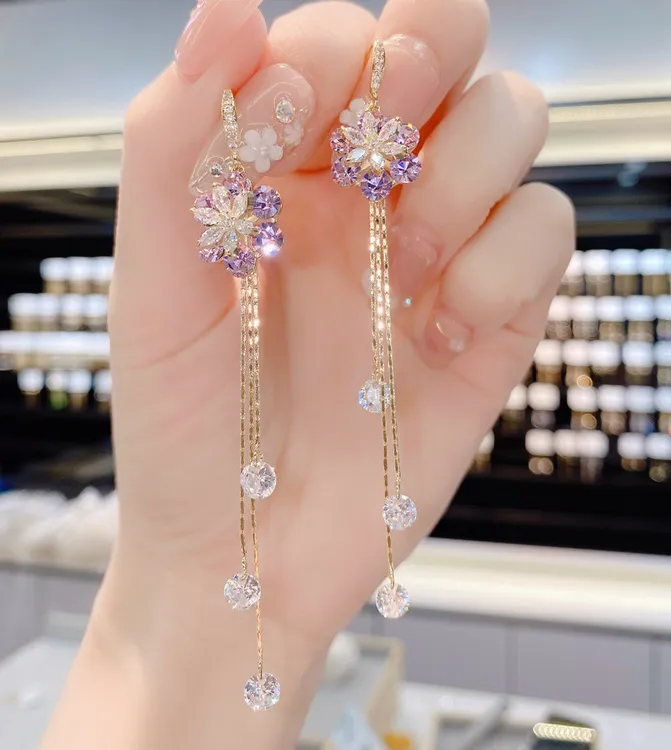 黄铜锆石耳饰 锆石花朵流苏耳钩轻奢高级感长款显瘦耳坠气质耳环