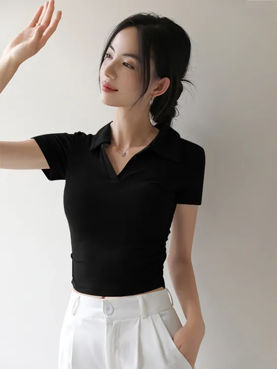 夏季新款黑色polo领短袖T恤女针织螺纹爆款正肩半袖修身翻领上衣
