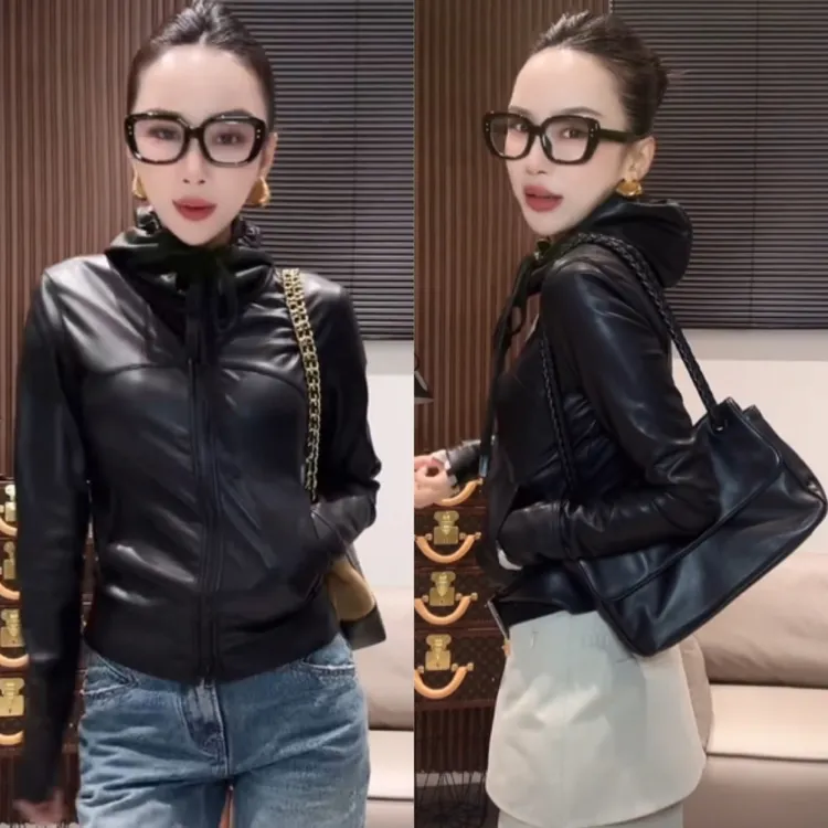 欧货时尚抽绳连帽皮衣外套女秋冬高级感百搭修身开衫拉链短款上衣